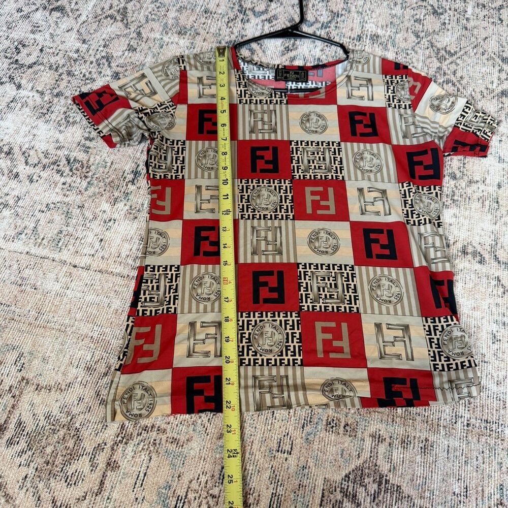 Vintage Fendi Jeans Logo Coin Print Shirt Size M Red Brown Top Women’s Blouse - Picture 5 of 13